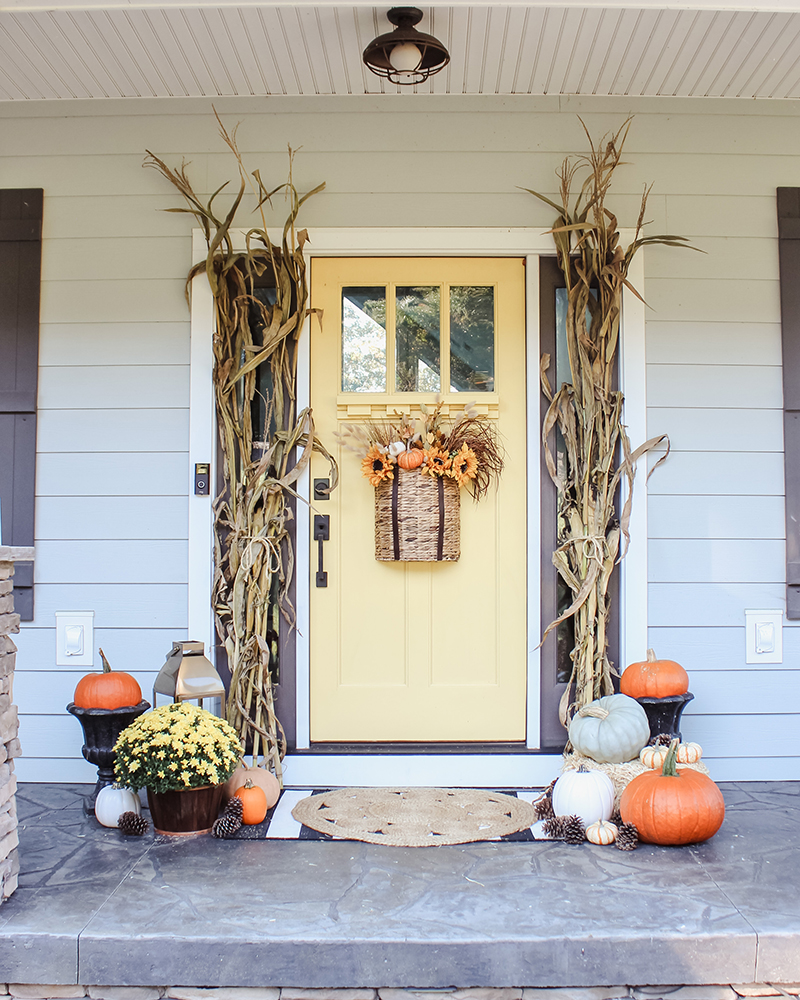 craftsman door, yellow door, dentil shelf, fall door decor