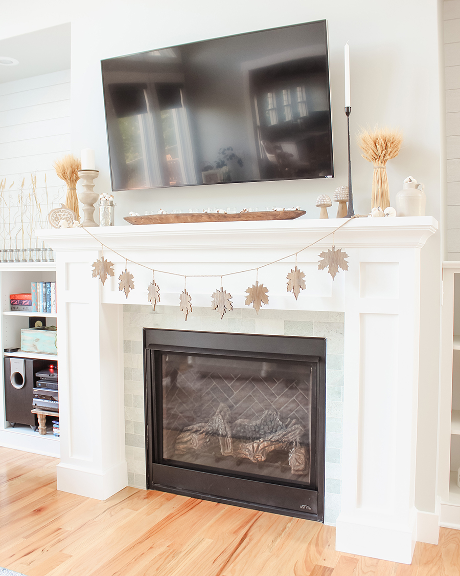 fall, leaves, mantel, wheat stems